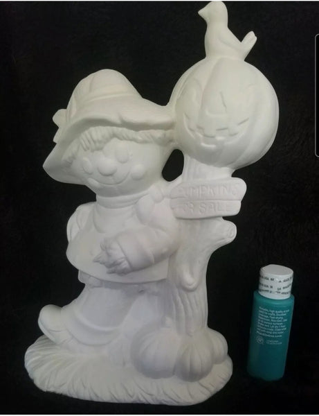 Scarecrow with pumpkins for sale sign Ready to Paint, Unpainted, You Paint Ceramic Bisque