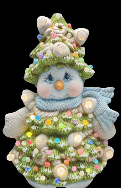 Clay Magic Unpainted Snowman in Tree w/Sm Round Base & Plug In Light Kit Ready to Paint Unpainted Bisque